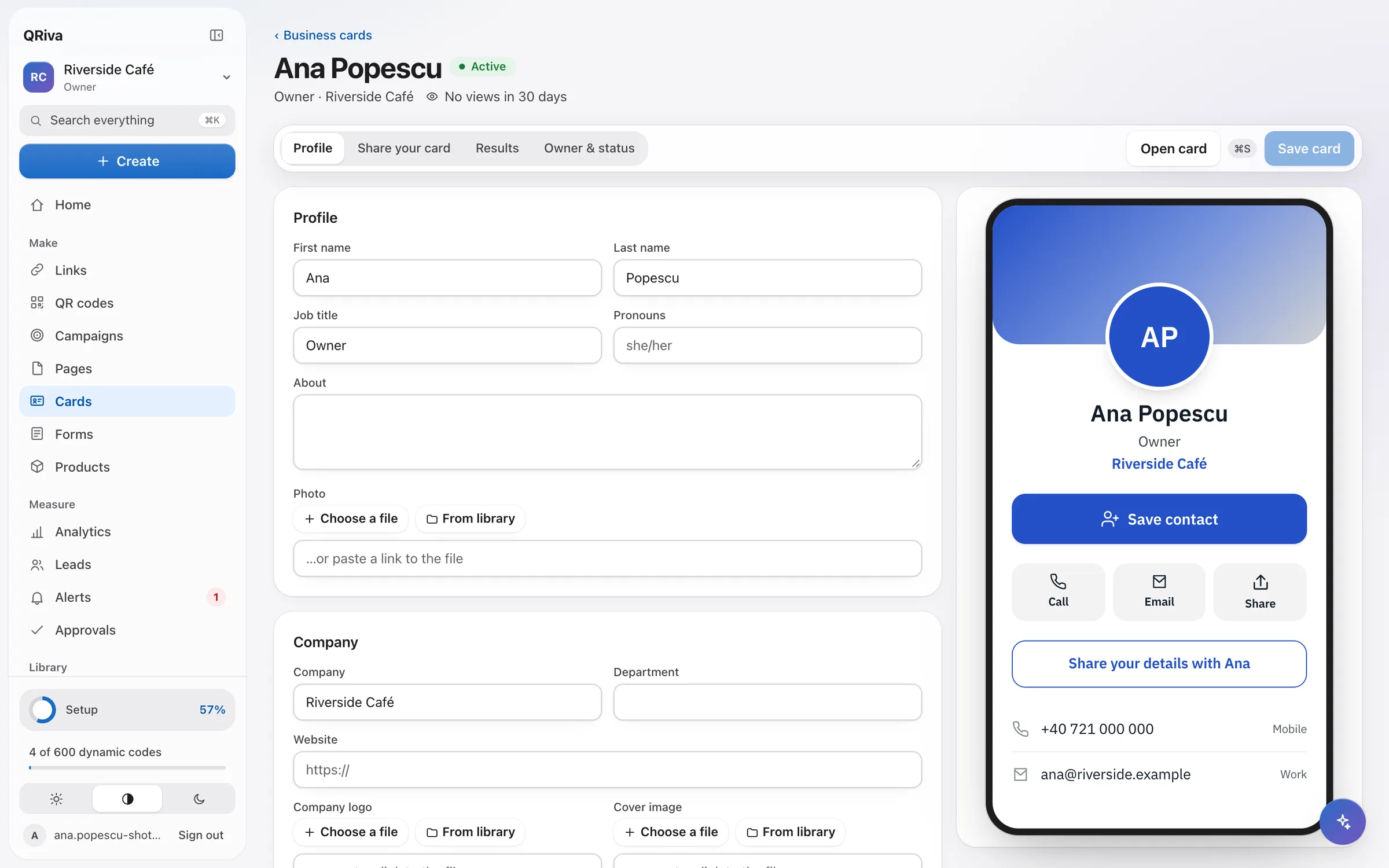 The QRiva business card editor with a live phone preview