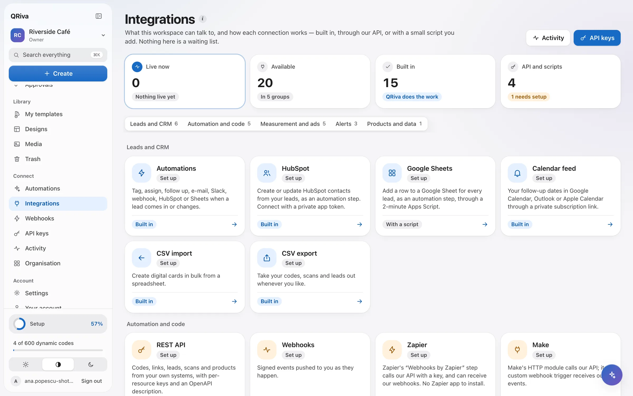 QRiva Integrations: automations, HubSpot, Google Sheets, calendar feed, API, webhooks, Zapier and Make