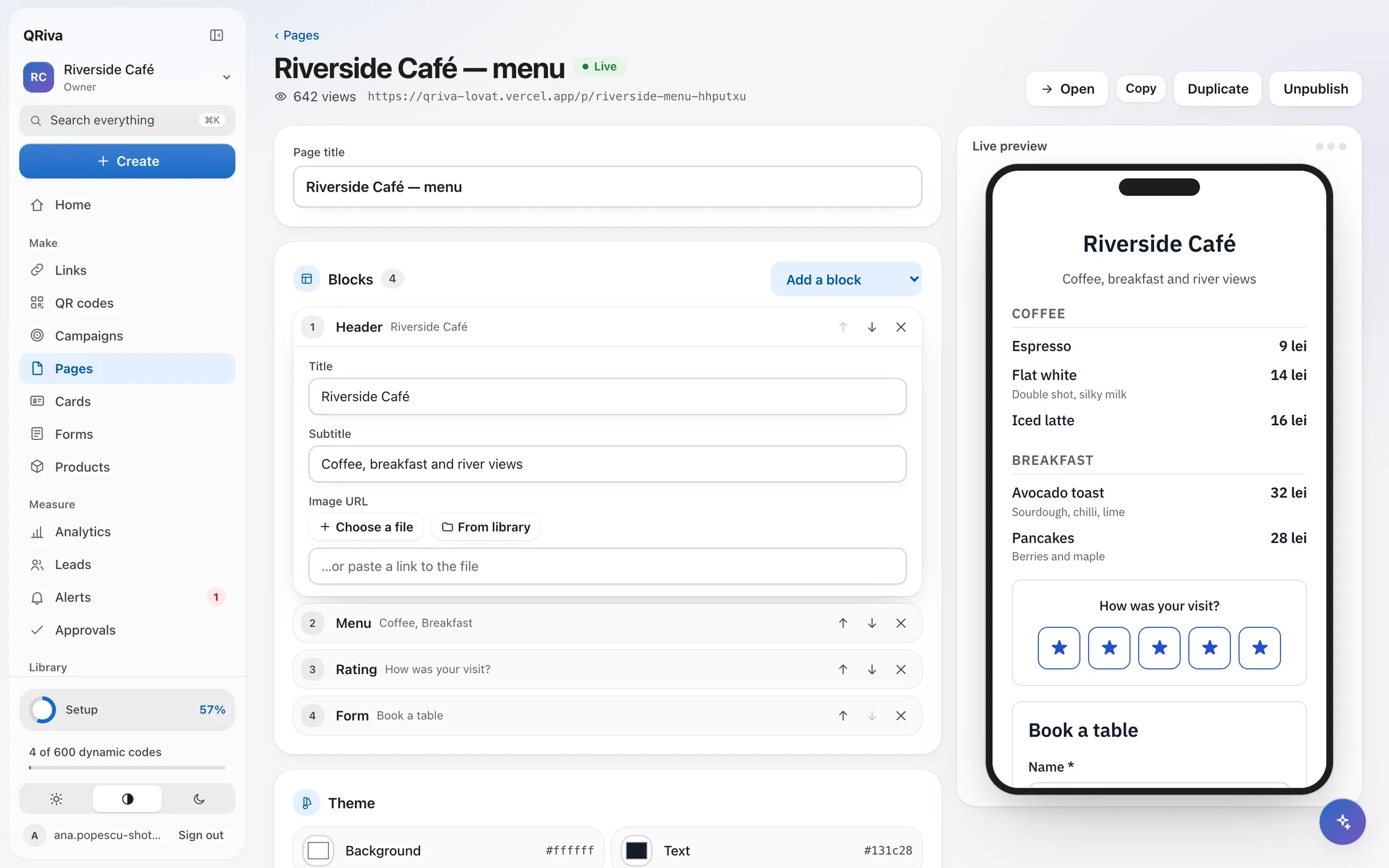 The QRiva page builder with blocks on the left and a live phone preview of a café menu